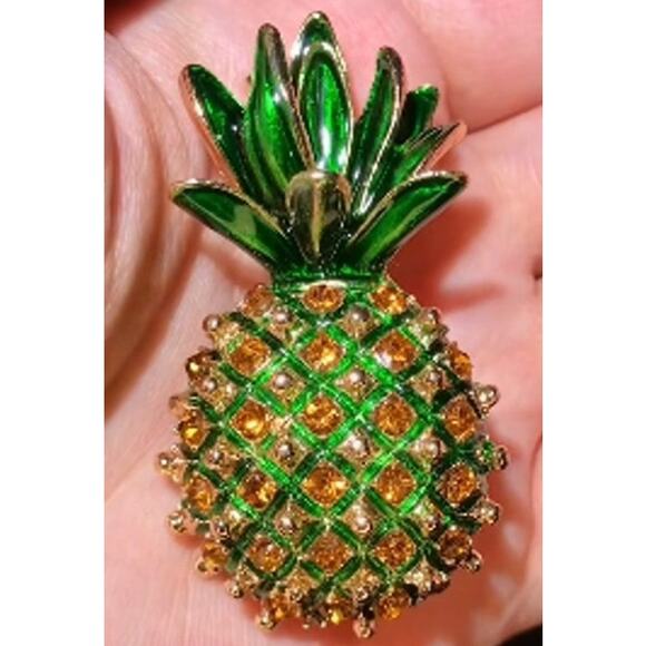 Pineapple Brooch Green and Yellow Rhinestone on Green Enamel Tropical Fun - Picture 1 of 3